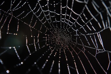 Naklejka premium Dewy Spider Web Sparkling in Sunrise Light