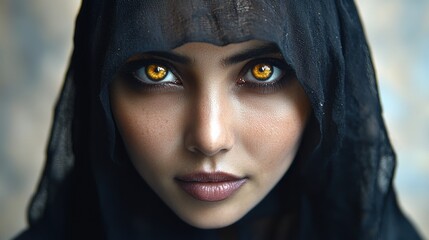Naklejka premium Mysterious portrait of a woman with striking golden eyes and black veil in soft, diffused light enhancing her captivating gaze