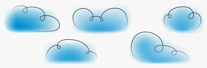 Clouds various shapes in minimal art style. Creative art composition with blurred gradient and simple line elements. Set of bright modern weather nature design.