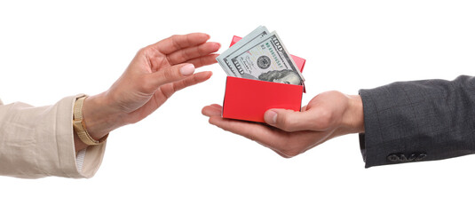 Bonus. Boss giving box with money to employee on white background, closeup