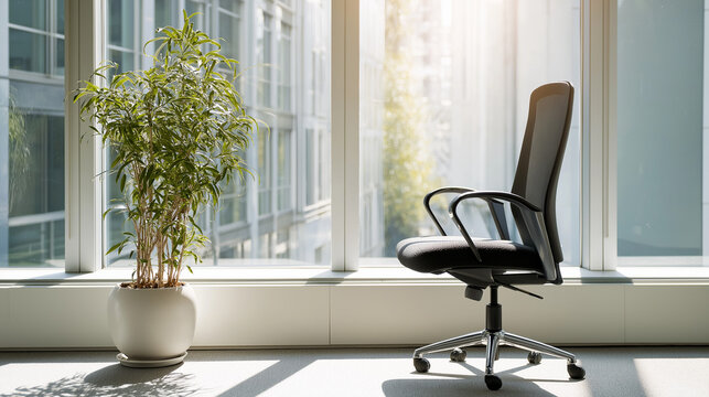 Minimalist office corner with ergonomic chair and plant, conveying modern simplicity and calm productivity.