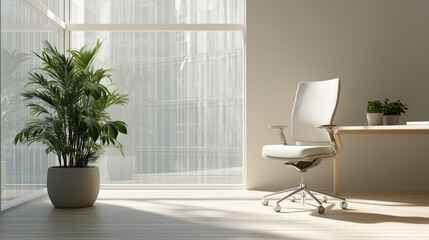 Minimalist office corner with ergonomic chair and plant, conveying modern simplicity and calm productivity.