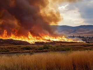 Wildfire spreads rapidly across grassy landscape near mountains during sunset hours affecting local wildlife and residents