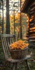 Vibrant orange mushrooms collected in a basket beside a rustic cabin in a forest during golden hour
