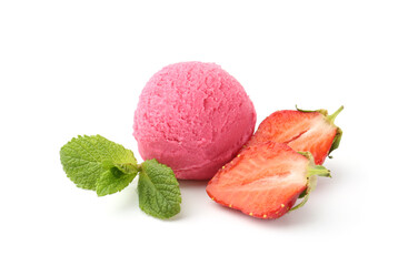 Tasty sorbet, strawberries and mint isolated on white