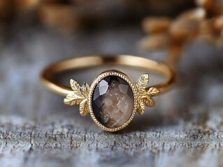 Elegant leaf design gold ring with brown stone set against a textured background