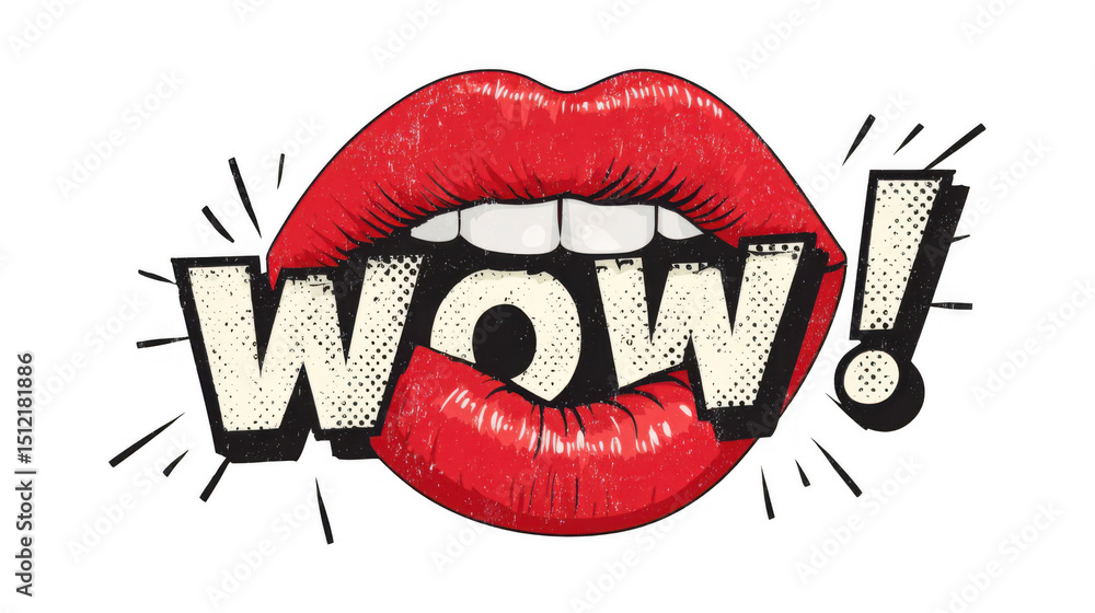 Aufkleber open red lips biting a wow. text with a retro pop art style on a transparent background express surp