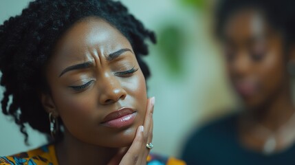 Woman in deep thought while engaging in a meaningful conversation with a friend in a cozy indoor setting