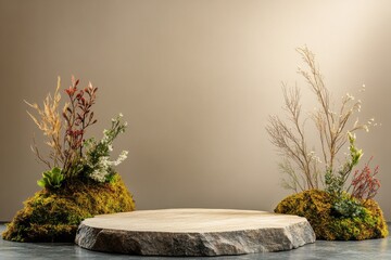 Natural elements combined with stones create a serene display in a minimalist indoor setting