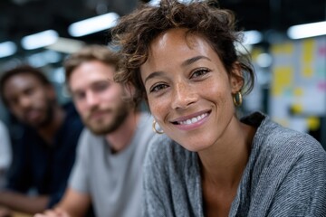 Obraz premium A smiling woman in a casual setting engages with colleagues in a creative workspace, symbolizing collaboration and joy in a professional environment.