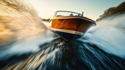 Speeding boat creates waves during sunset on a serene lake in early evening