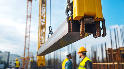 Construction site with crane lifting steel beam, workers overseeing the operation for building framework against a blue sky backdrop.