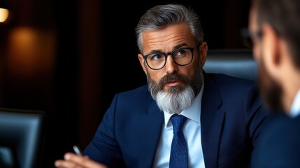 Senior professional discusses strategy with colleague in modern office setting during afternoon meeting