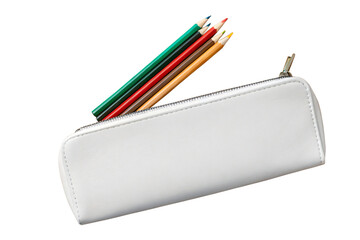 Colored pencils in a white pencil case, isolated on transparent background, featuring green, red, brown, and yellow hues, perfect for school or art projects