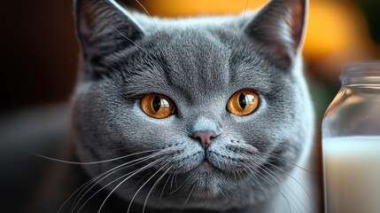 Charming gray cat with bright orange eyes relaxing beside a candle during a cozy evening at home