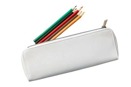 Colored pencils in a white pencil case, isolated on transparent background, featuring green, red, brown, and yellow hues, perfect for school or art projects