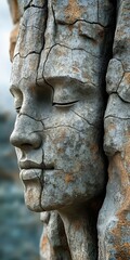 Intricate stone sculpture depicting a serene face with natural weathering