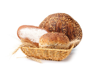 Fresh bread loaves and spikes isolated on white