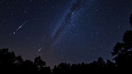 Capturing Shooting Stars and Milky Way Galaxy Above Forest Trees