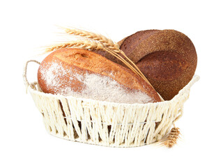 Fresh bread loaves and spikes isolated on white