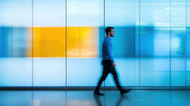 Man walks confidently through a modern building with vibrant colored glass windows during daytime