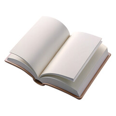 Open book with blank pages isolated on transparent background, ready for your text or images, perfect for educational or creative projects