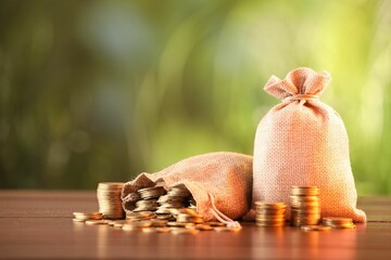 Burlap bags and stacked coins on wooden table against blurred background