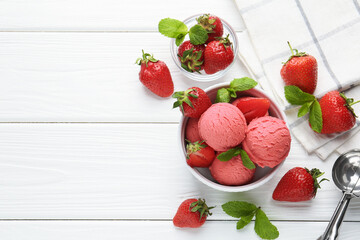 Tasty sorbet with strawberries and mint served on white wooden table, flat lay. Space for text