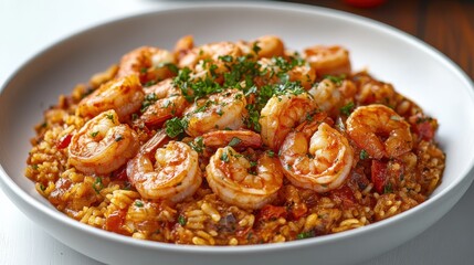 Delicious shrimp dish served over flavorful rice with herbs, perfect for a vibrant meal shared with family or friends