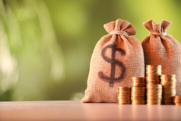 Burlap bags and stacked coins on table against blurred background, space for text