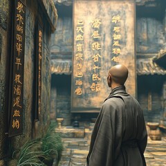 Buddhist monk exploring ancient temple with inscriptions in a serene setting surrounded by nature's tranquility