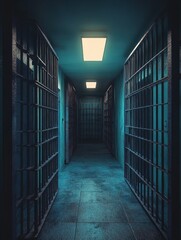 Dark and eerie hallway in an abandoned prison with barred cells and dim lighting creating a haunting atmosphere