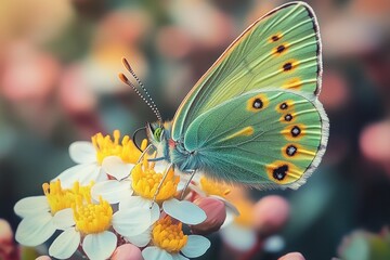 Vibrant green butterfly perched on blooming flowers in a colorful garden during a sunny day