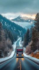 Majestic mountain road with a truck navigating through snowy landscape at dawn surrounded by evergreen trees