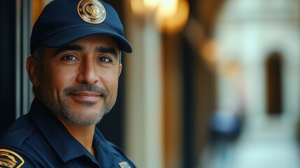 Security officer smiling warmly while on duty in a historic building during daylight hours