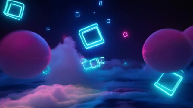 Futuristic Neon 3D Cubes Floating in Dreamy Cloudscape