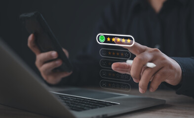 A customer selects a five-star emoji rating on a virtual feedback bar using a stylus while holding...