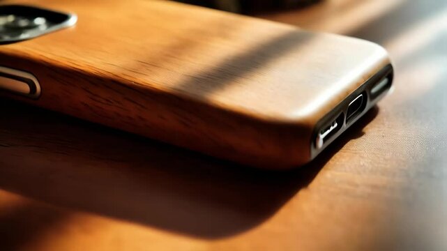 Wooden phone case and moss background on wooden table, providing an elegant and natural style for mobile technology
