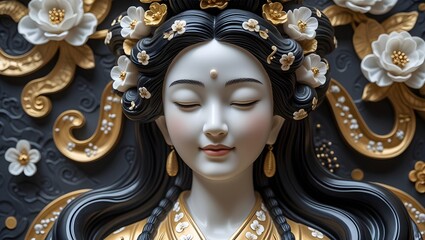 Close up of a serene asian woman with flowers in her hair and golden decorations behind her head