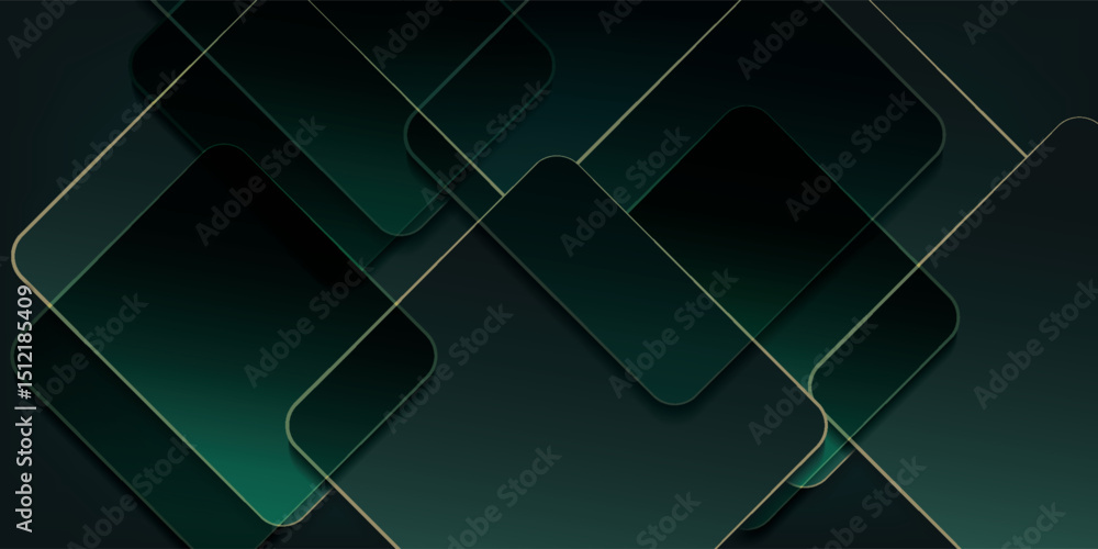 Poster dark green abstract background with gold lines and shadow. geometric shape overlap layers.
