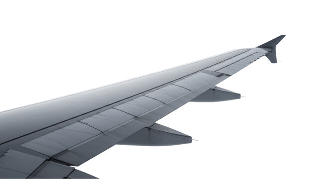 Airplane wing in flight, showcasing its aerodynamic design and engineering, isolated on transparent background