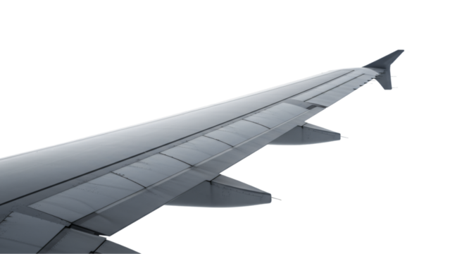 Airplane wing in flight, showcasing its aerodynamic design and engineering, isolated on transparent background