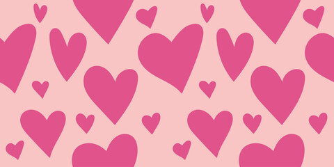 Seamless pink doodle hearts or love pattern vector design. Cute and romantic illustration background. Horizontal or landscape.