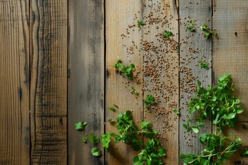 Watercress sprigs and mustard seeds scattered across weathered wooden surface, highlighting natural culinary freshness and rustic ingredient styling