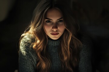 Fototapeta premium Young Woman Reading Phone in Dark Cozy Room