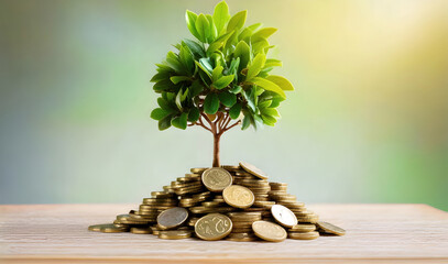 thriving tree growing pile coins concept. A small tree grows atop a mound of golden coins, symbolizing the concept of wealth, prosperity, and the nurturing of financial growth.