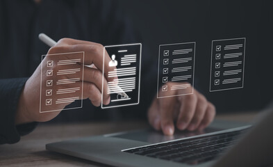 A job applicant uses stylus to sign a virtual resume checklist on digital interface, symbolizing recruitment approval, profile verification, electronic document, and smart career application process.