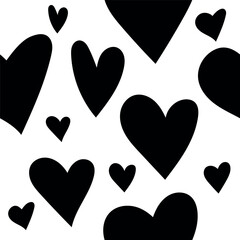 Seamless doodle hearts or love pattern vector design, black and white. Cute and romantic illustration background. 