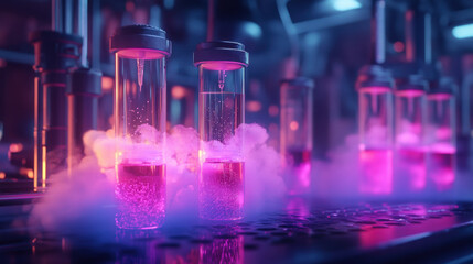Glowing Pink and Purple Liquids in Cryogenic Tubes in a Futuristic Laboratory Setting