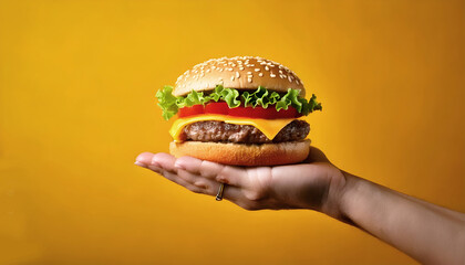 Hand holds appetizing cheeseburger on yellow background. Burger includes beef patty, cheese, lettuce, tomatoes in sesame bun. Delicious fast food meal ready to eat.